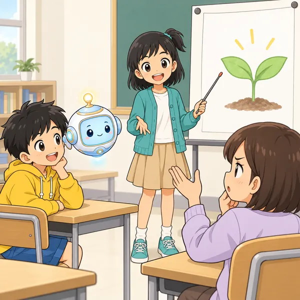 ミオが調べたことをまとめた発表をしている