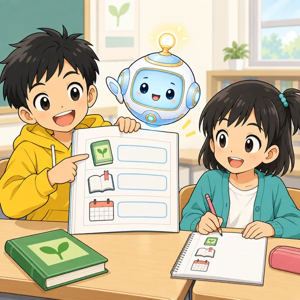 ハルとアイが、資料の最後に「どの本・どのページ・いつの情報か」を書く欄を作って見せている