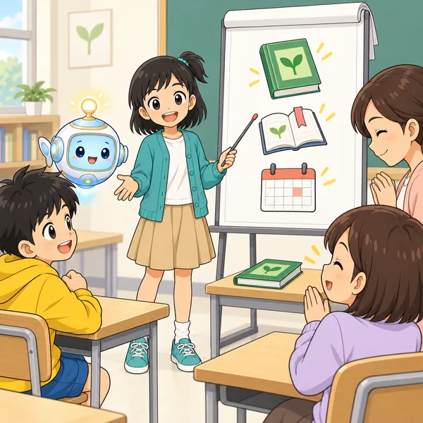 次の発表。ミオが最後のページに出典を示し、クラスの子も先生も納得した顔でうなずいている