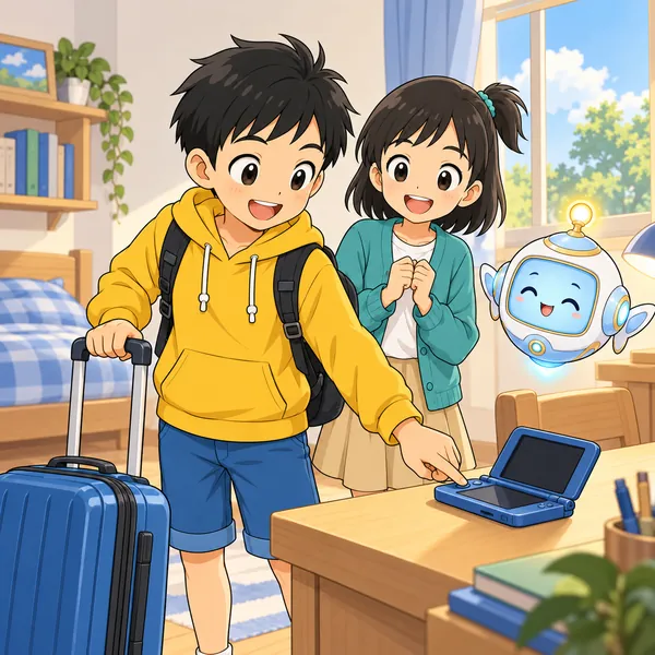 旅行のかばんを持ったハルが、出かける前にゲーム機の電源を切っている。