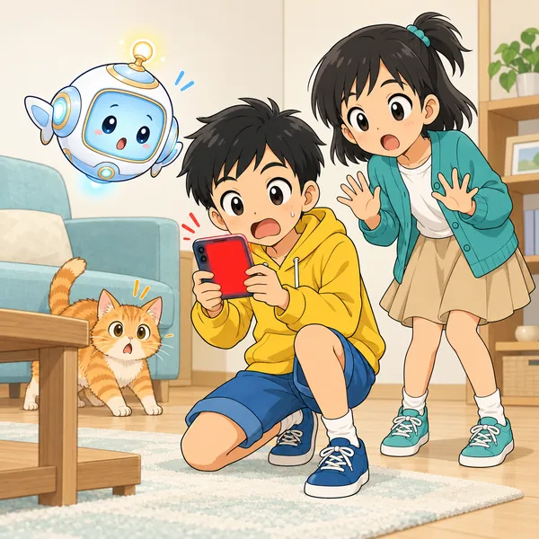 リビングでネコを撮っていたハルのスマートフォンが赤く光り、ハルとミオがおどろいている。