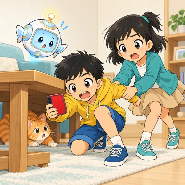 スマートフォンを向けたままのハルのうでを、ミオが引っぱってテーブルのほうへつれていく。