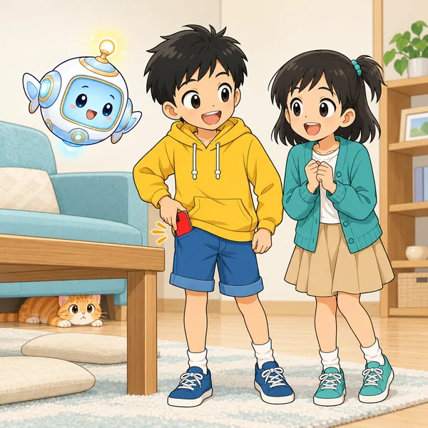 ゆれがおさまり、テーブルから出たハルとミオがほっとしている。ネコも顔を出している。