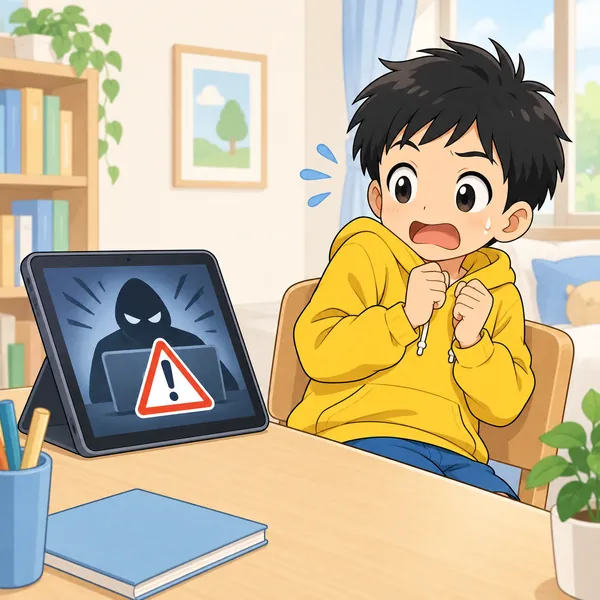 ハルがニュースでネットの事件を見て、こわがってタブレットから離れ、身を縮めている