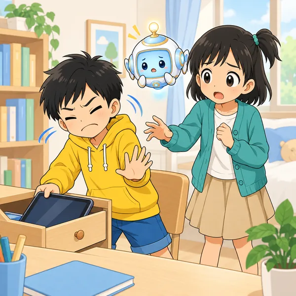 ハルが「もう使いたくない」と、タブレットを引き出しにしまおうとしている