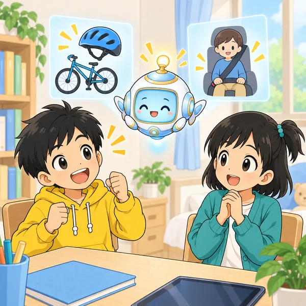 アイが浮かび、自転車のヘルメットやシートベルトのイメージを見せて、備えれば安心して進めることを伝えている