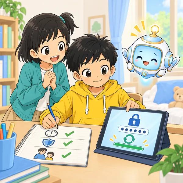 ハルが、パスワードを決め、更新をして、使い方の約束をノートに書いている
