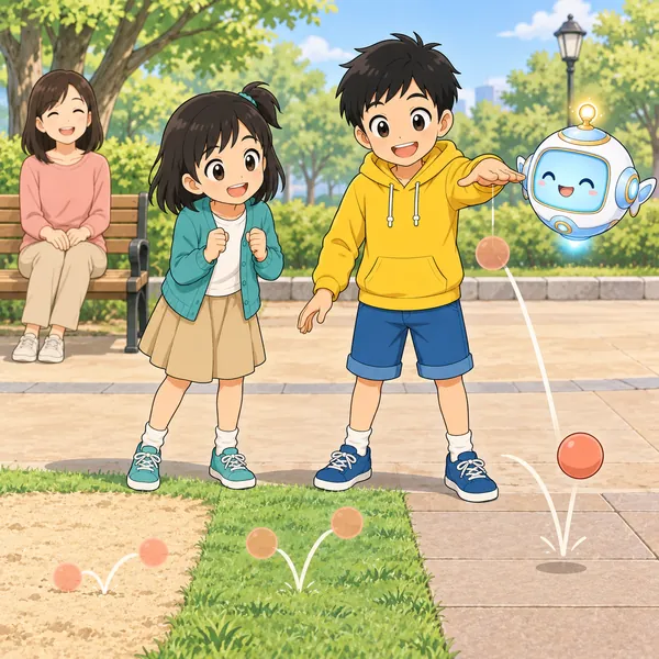 公園で、ミオとハルがボールをすな場、しばふ、かたい地面に落として、はね方を見くらべている。