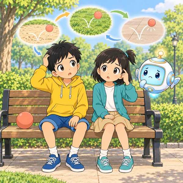 ベンチで、どこが一番はねたか思い出せず、ふたりが頭をかかえている。