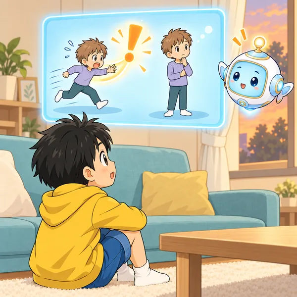 AIロボットが、立ち止まって考える子の絵を見せている。