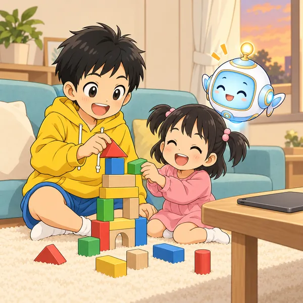 ハルが、タブレットを伏せて妹と積み木で遊んでいる。