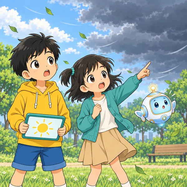 ミオが遠くの暗い雲を指さし、ハルが顔を上げておどろいている。