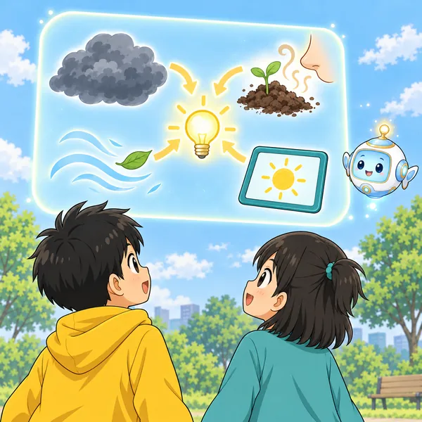 AIロボットが、雲・風・においの絵と天気マークが電球に集まる絵を窓に見せている。