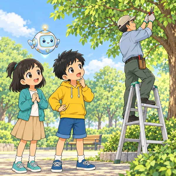 公園で木の手入れをする人を、ハルが見上げている。