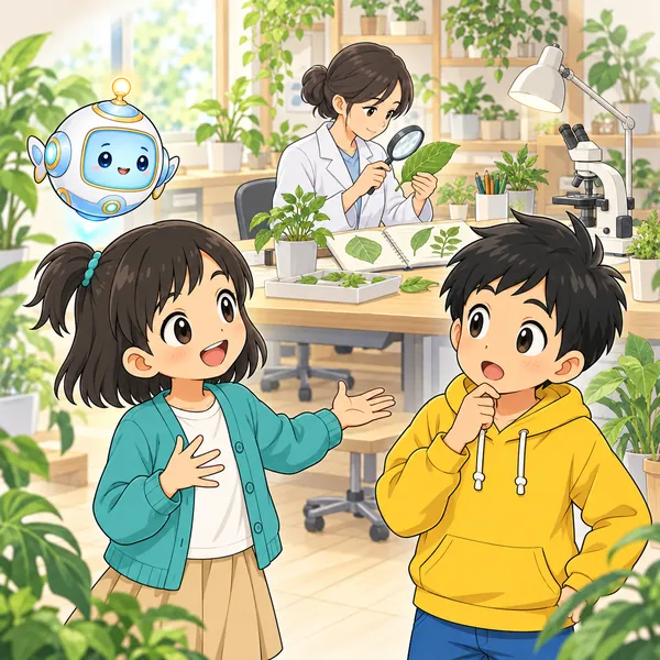 室内で葉っぱを虫めがねで調べる人の絵を前に、ミオが話している。