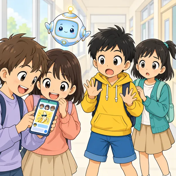 翌日の廊下。知らない子たちがその画面を見ていて、ハルがおどろいている