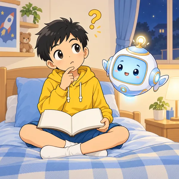 夜、ハルが本を読みながら、こまったらだれに言えばいいかと考えている。