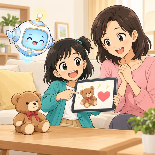 ミオが、ぬいぐるみが売れたのを見てよろこんでいる。お母さんがそばにいる。