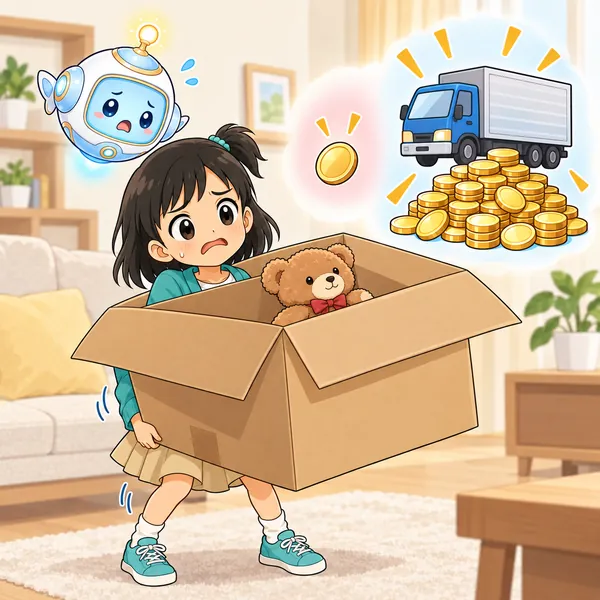 ミオが大きな箱を持ち上げ、送る費用のほうが多いことに気づいてがっかりしている。