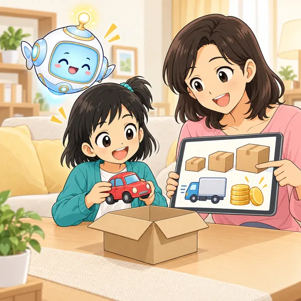 ミオがお母さんといっしょに、次の品物の前で箱の大きさと送り方を先に確かめている。