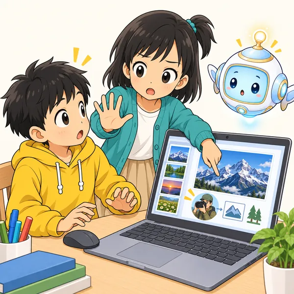 ミオが手で止めて、その写真に作った人がいることを伝えている