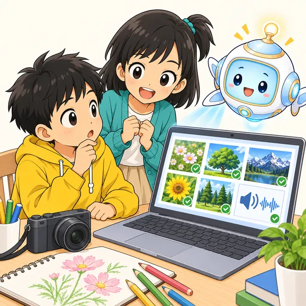 アイが、自由に使える素材のサイトと、自分で撮る・描くという方法を見せている