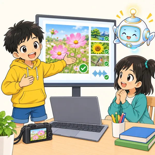 ハルが自分で撮った写真と、使ってよい素材でスライドを作り直し、うれしそうに発表している