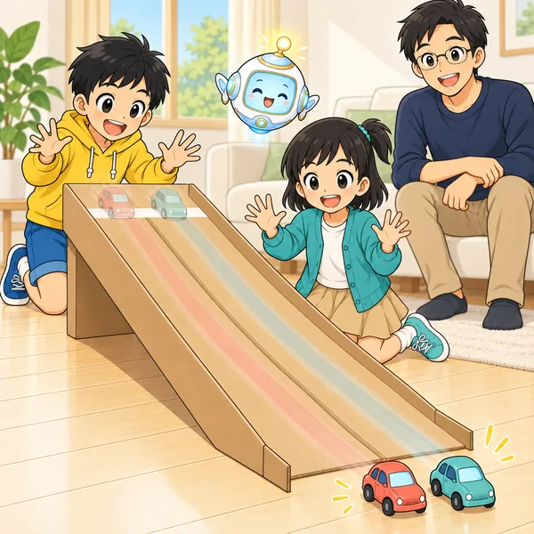 同じ線から同時にはなすと、2台がほとんど同じところで止まり、ハルとミオが笑っている。
