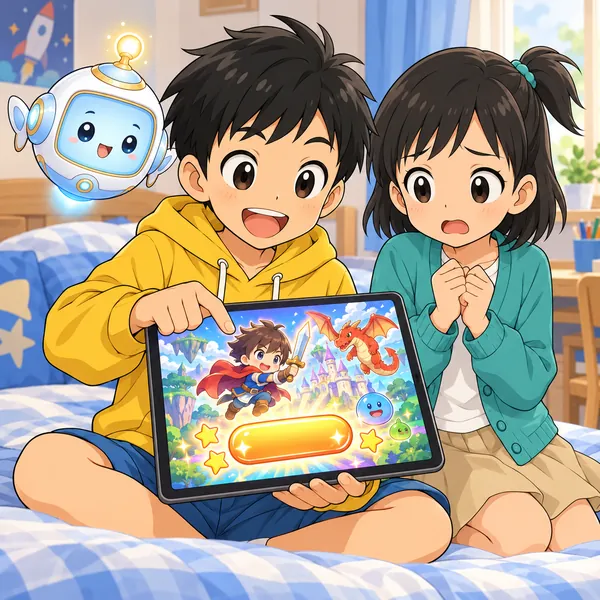 ハルが、広告に出てきた派手なゲームのボタンを押そうとし、ミオが心配そうにしている。