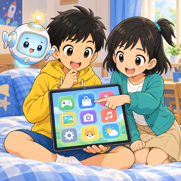 ミオがタブレットのアプリストアのアイコンを指さし、ハルが手を止めている。