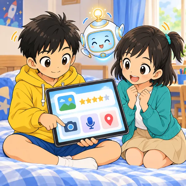 ハルがストアで評価と許可の印を確かめ、ミオとAIロボットがうなずいている。