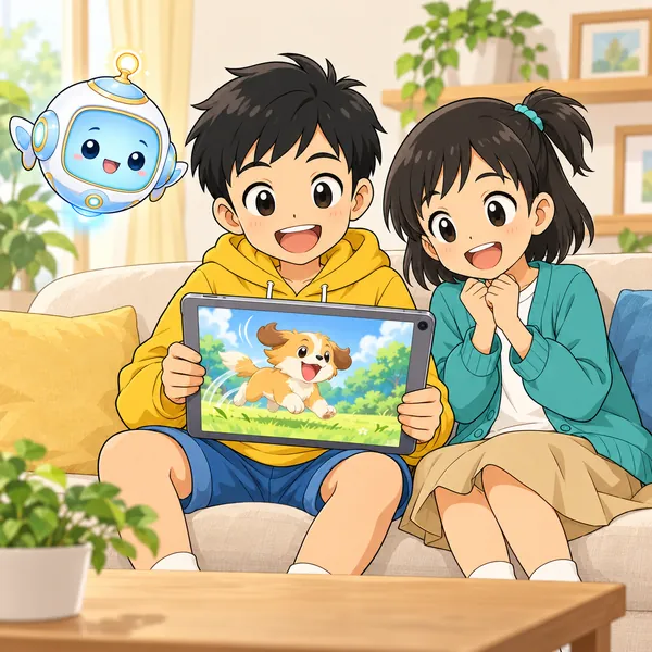 ソファで、ハルとミオがタブレットの動画をなめらかに見ている。