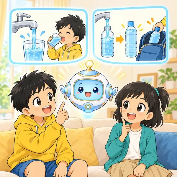AIロボットが、蛇口から流れる水と、ペットボトルにつめてしまう水の絵を並べてうかべている。