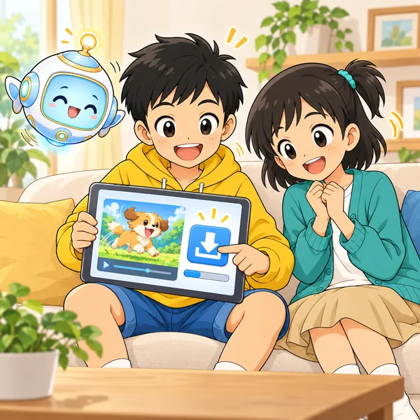 家でハルがタブレットの下向き矢印を押して動画をしまい、ミオとAIロボットがうなずいている。