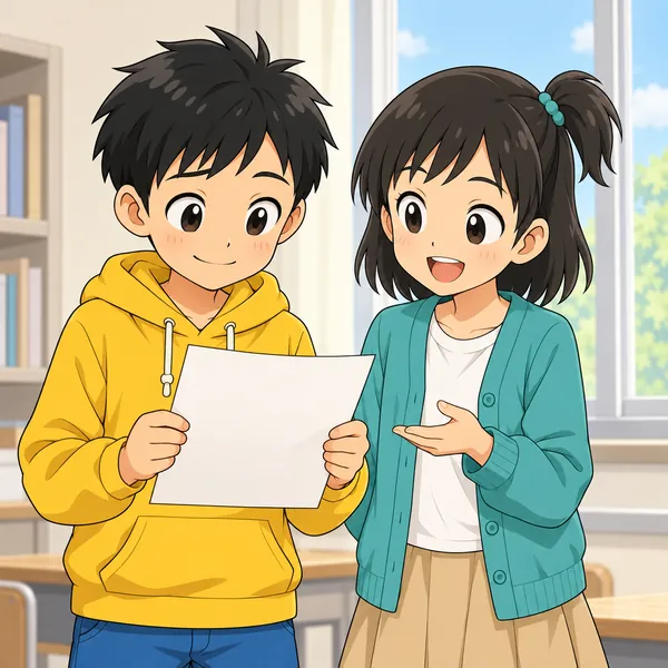 次の日の昼。ハルが落ち着いた顔でミオと話し、原稿を見ながら小さくうなずいている