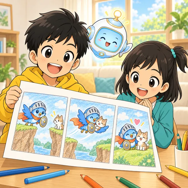 ハルが自分で考えた青い鳥の騎士のお話をミオに見せ、とくいそうに笑っている。