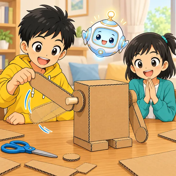 少し大きめの穴に棒が入り、ロボットのうでがなめらかに動いてハルが喜んでいる。