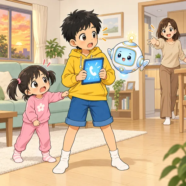 妹と母と電話に、ハルがいっぺんに呼ばれている。