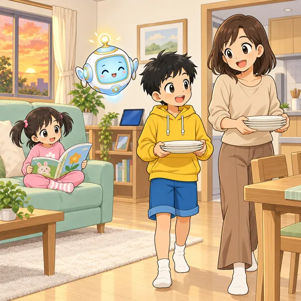 ハルが母とお皿を運び、妹が絵本を見て待っている。