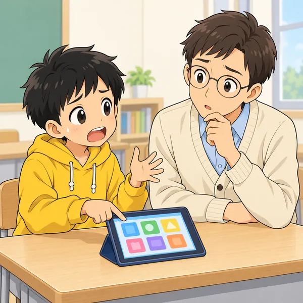 ハルがタブレットの前で困り、口で一生けんめい説明しているが、聞いている大人（先生）が首をかしげている
