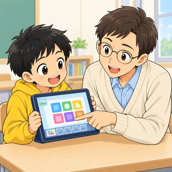 ハルが撮った画面を先生に見せている。先生が「ここだね」とすぐに理解して、笑顔で教えている