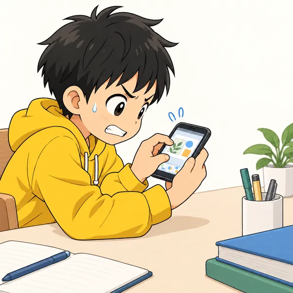 ハルがスマホで、小さな画面をのぞきこみながら発表の資料を作ろうとして、指がもつれて苦戦している