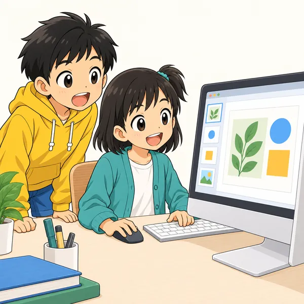 ミオがパソコンの大きな画面で、同じ作業をすいすいと進めている