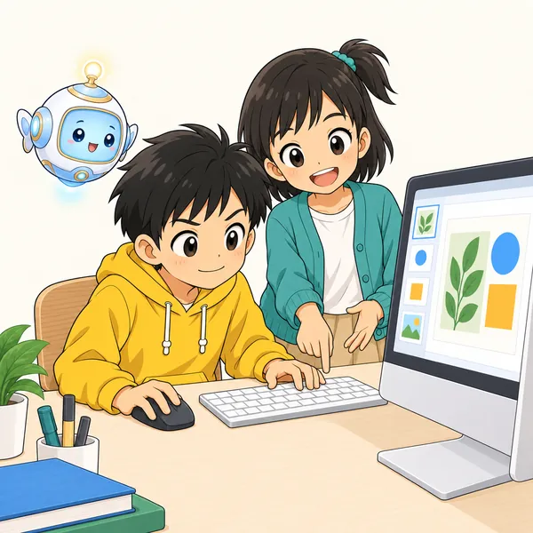 アイが浮かび、ミオがハルにキーボードとマウスの使い方を教えている