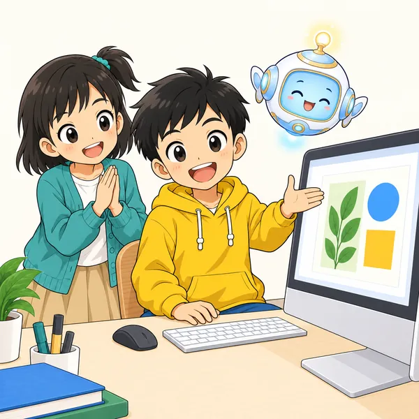 ハルがパソコンで作った発表資料を、うれしそうに見せている