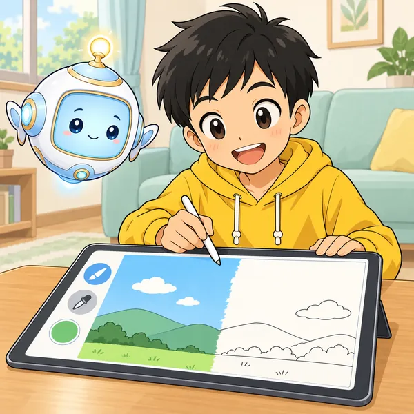 ハルがタブレットで、青い空の絵の続きをぬろうとしている。
