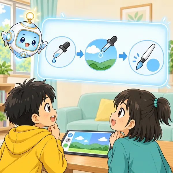 AIロボットが、スポイトで空の色を拾って同じ色にする絵を窓に見せている。