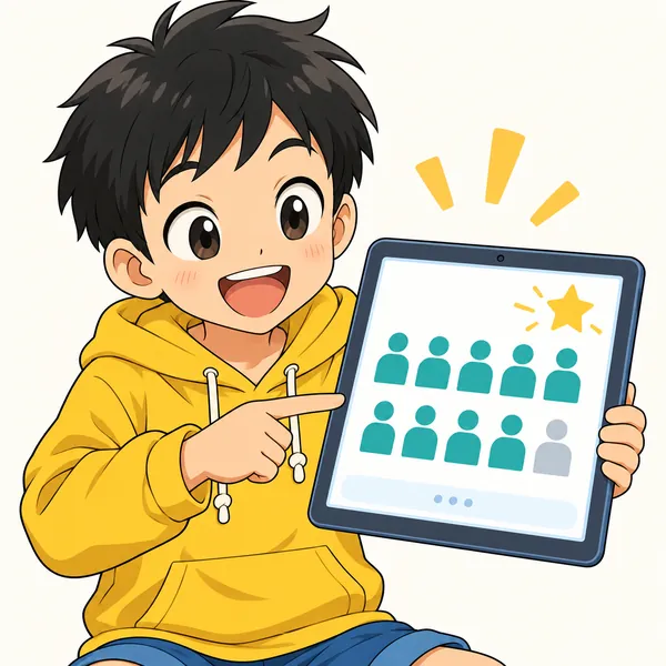 ハルがタブレットで「9わりの人が使っている」と数字の入った広告のような画面を見て、目をかがやかせている