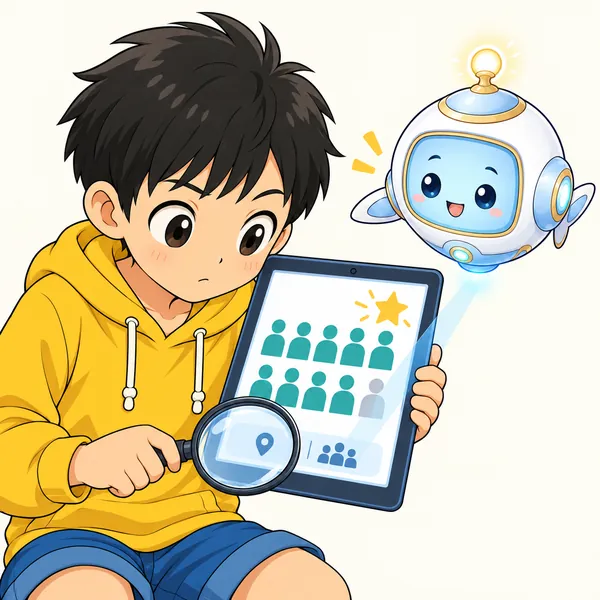 アイが浮かび、その数字がどこで、何人に聞いたものかを確かめるように示している