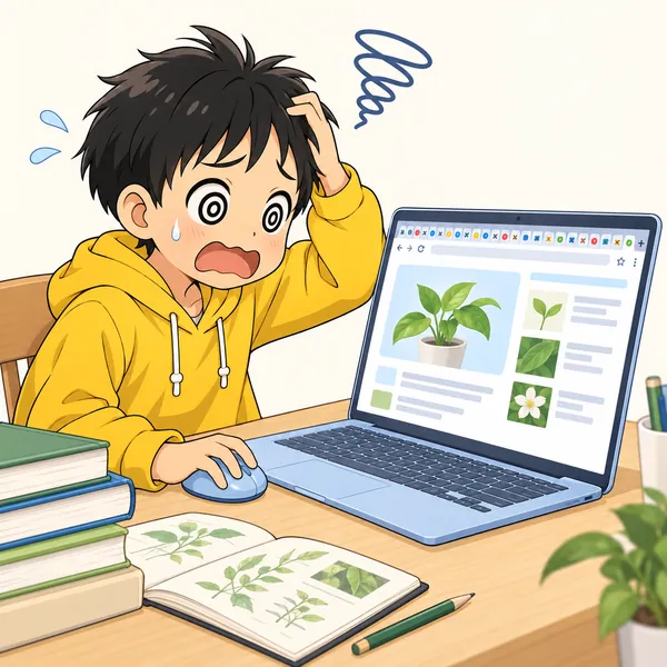 ハルが調べ学習で、画面の上に小さなタブがぎっしり並んだブラウザに向かい、目が回っている